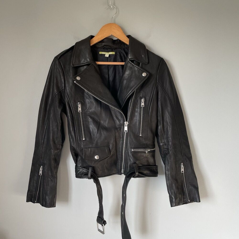 Gianni Bini 100% Leather Motorcycle Jacket Coat Zip Up Black Women's Size Medium
